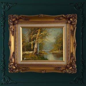 Beautiful 20th century vintage oil painting of spring/summer country landscape signed by the artist includes ornate frame