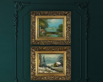 Pair of Vintage 20th century exquisite oil paintings, Spring and Winter landscapes, signed by the artist with vintage ornate gold frames