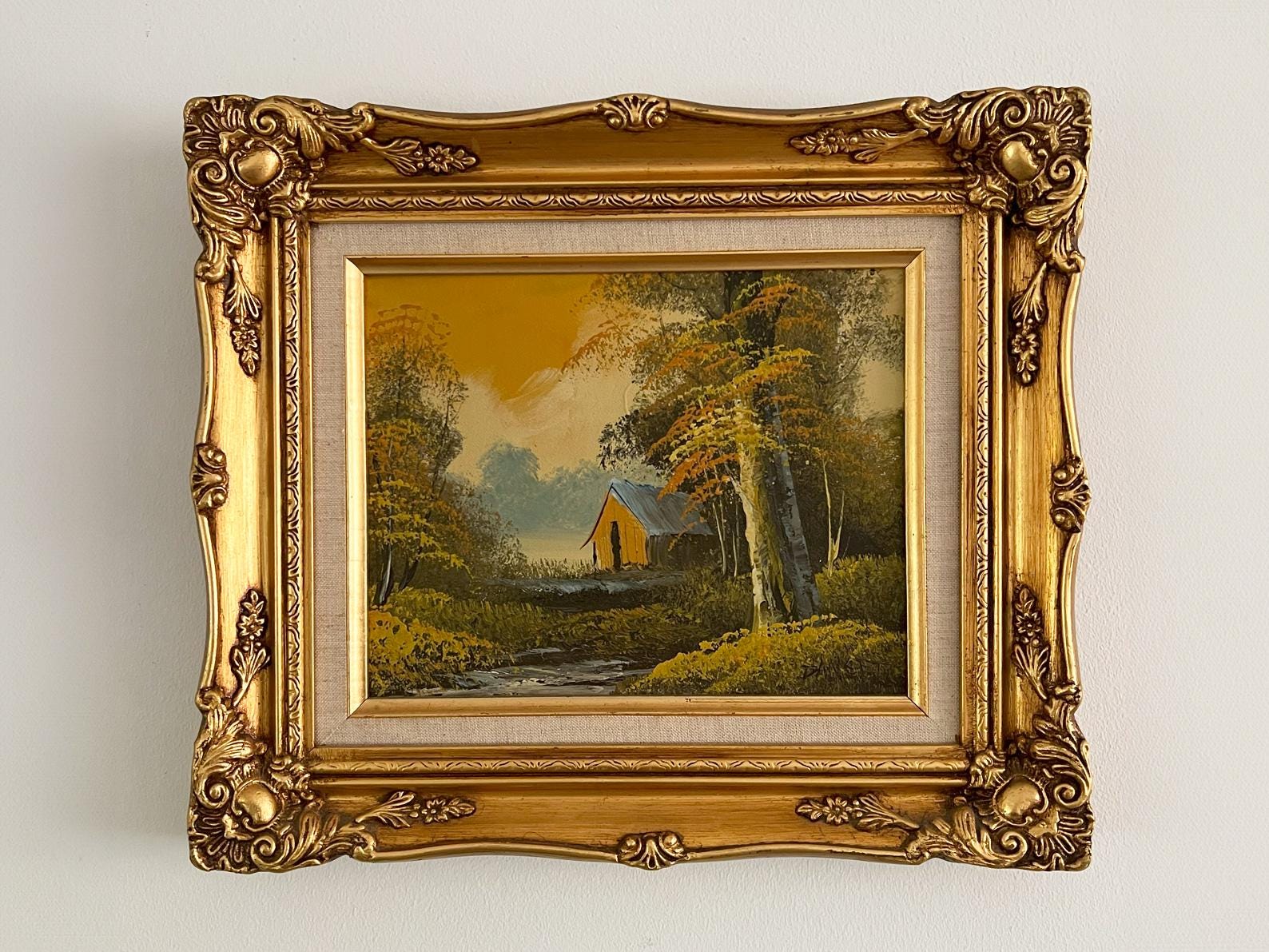 油彩画 自然の風景 絵画 サイン入り　ヴィンテージ　豪華額縁　金色 20世紀の金色のビンテージ油絵、春夏の田舎の風景、アーティストの