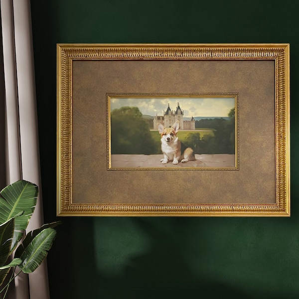 A rare artwork of a Tri-coloured Pembroke Welsh Corgi relaxing in front of their estate in a vintage ornate gold frame with glass encasing.
