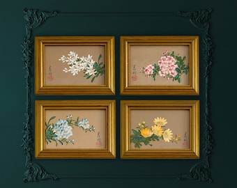 4 Vintage 20th century acrylic floral paintings signed by the artist with vintage ornate gold frames, Jasmine, Cherry Blossom, Forget Me Not