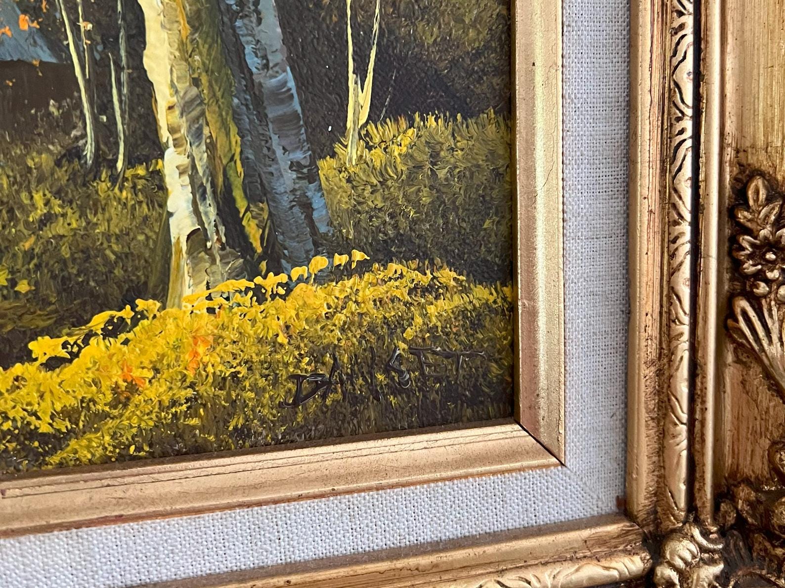 20世紀の金色のビンテージ油絵、春夏の田舎の風景、アーティストの