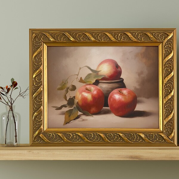 Rare artwork of still life apples that comes with a vintage ornate gold frame with glass encasing.