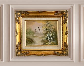 Stunning Vintage 20th century oil painting of golden spring/summer country landscape of ducks flying over a lake, includes ornate gold frame