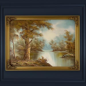 Large 20th century oil painting of country landscape with beautiful tones of blue & brown. Signed by the artist, includes ornate gold frame.