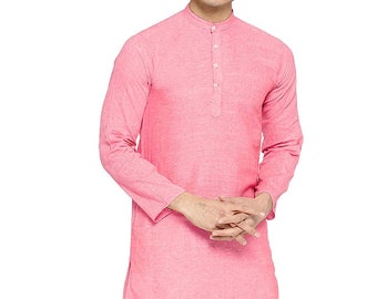 Enfärgad handvävd bomullskurta för män, mandarinkrage och snygga långärmade kurta, etniska kurta, bröllopskläder, outfits för män