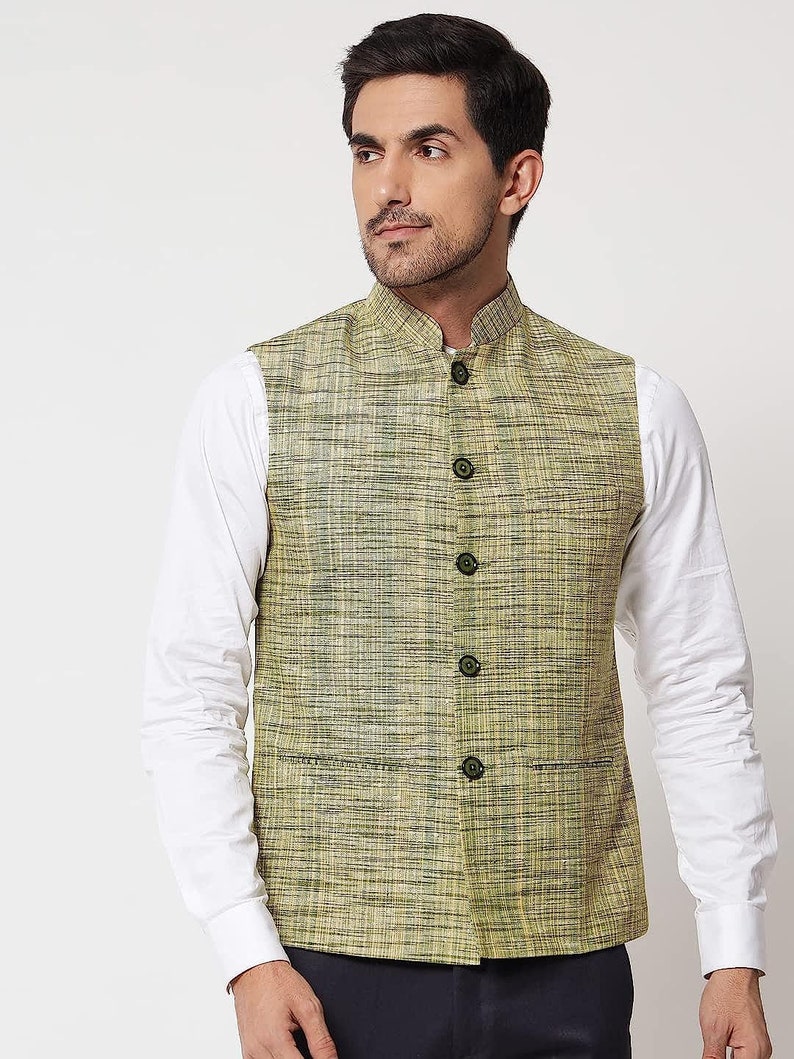 Men's Pure Cotton Indian Traditional Nehru Jacket Textured Pattern Modi Jacket for Wedding Waistcoat Ethnic Jacket Modi Nehru Jacket Green