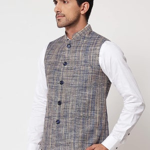 Men's Pure Cotton Indian Traditional Nehru Jacket Textured Pattern Modi Jacket for Wedding Waistcoat Ethnic Jacket Modi Nehru Jacket Blue