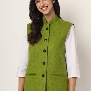 Damjacka i ren ull, indisk traditionell Nehru-jacka, Modi-jacka för bröllop, väst, etnisk jacka, enfärgat mönster, Modi Nehru-jacka Parrot Green