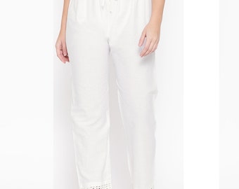 Pantalones palazzo o pantalones de encaje bordados de algodón liso, elegantes y de corte recto y regular para mujeres y niñas
