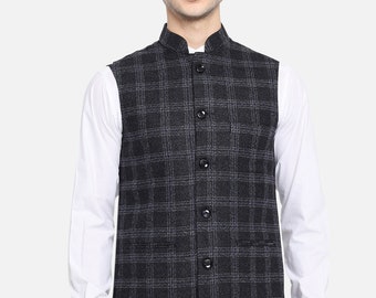 Veste Nehru traditionnelle indienne en pure laine pour homme Veste Modi pour gilet de mariage Veste ethnique Motif uni Veste Modi Nehru