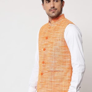 Men's Pure Cotton Indian Traditional Nehru Jacket Textured Pattern Modi Jacket for Wedding Waistcoat Ethnic Jacket Modi Nehru Jacket Orange