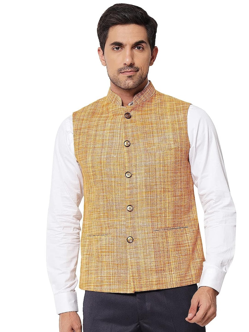 Men's Pure Cotton Indian Traditional Nehru Jacket Textured Pattern Modi Jacket for Wedding Waistcoat Ethnic Jacket Modi Nehru Jacket Brown