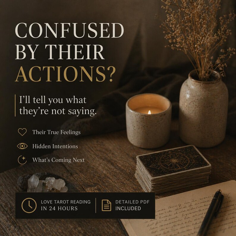 May include: A still-life image featuring a lit candle, a stack of tarot cards, and a vase with dried flowers. The text reads "CONFUSED BY THEIR ACTIONS?" and "LOVE TAROT READING IN 24 HOURS". A detailed PDF is included.