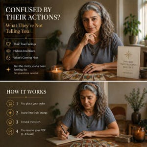 May include: An image featuring a woman with gray hair, seated at a wooden table with tarot cards. Text at the top reads "CONFUSED BY THEIR ACTIONS?" and "What They're Not Telling You." A detailed tarot reading is included. The bottom section shows "HOW IT WORKS."