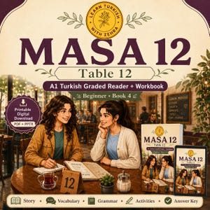 A1 Turkish Graded Reader PDF + Editable PPTX | Masa 12 Café Story Workbook | Turkish Vocabulary Grammar Activities Learn Turkish İstanbul