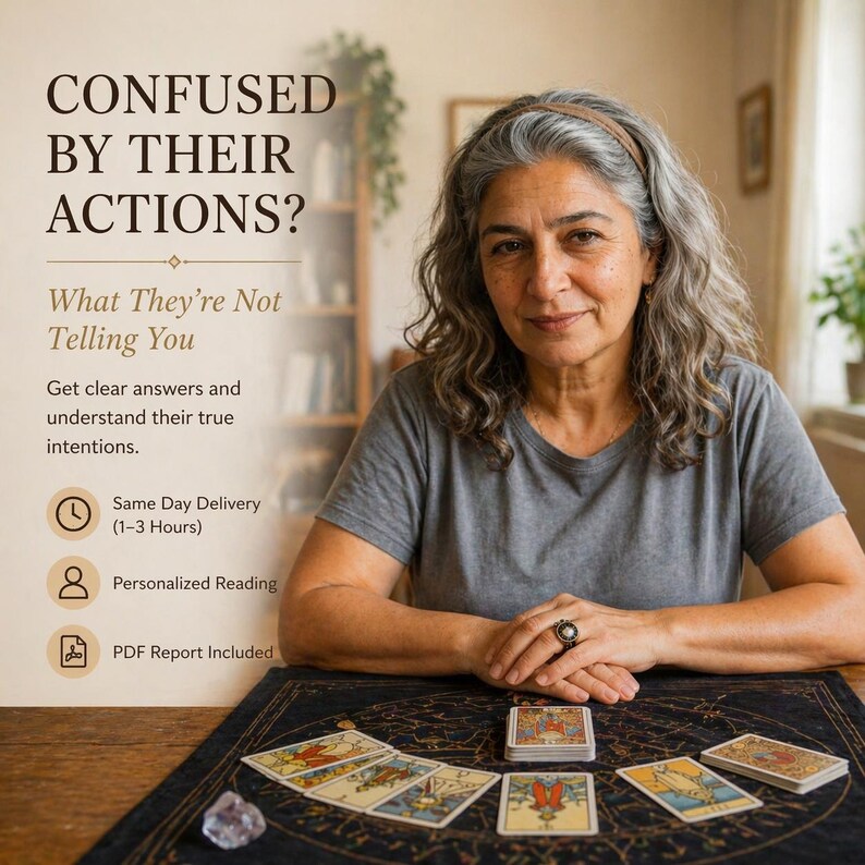 May include: An image featuring a woman with gray hair and a gray t-shirt, seated at a table with tarot cards. The text reads "CONFUSED BY THEIR ACTIONS?" and "What They're Not Telling You." Additional text includes "Same Day Delivery" and "Personalized Reading."