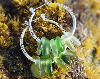 Handmade Silver Hoop Earrings with Green Sea Glass, Coastal Jewelry
