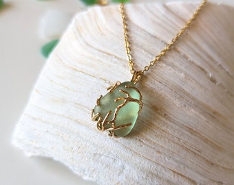 Charming Ocean Jewelry: Handmade Sea Glass Necklace, Golden Pendant with Sea Glass, Christmas Sea Jewelry Gift, Sea and Ocean Lover Gift