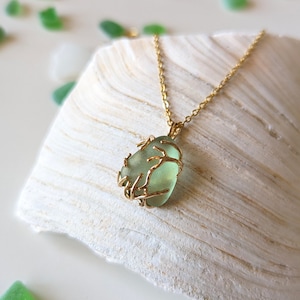 Charming Ocean Jewelry: Handmade Sea Glass Necklace, Golden Pendant with Sea Glass, Christmas Sea Jewelry Gift, Sea and Ocean Lover Gift