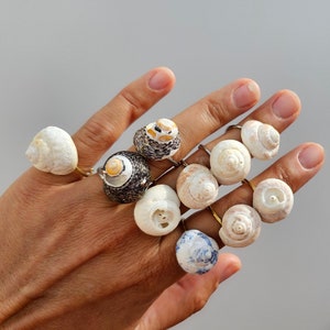 Op de afbeelding: Een hand draagt ​​meerdere ringen gemaakt van schelpen. De ringen zijn gemaakt van verschillende maten en vormen schelpen, en sommige zijn versierd met gouden of zilveren accenten.