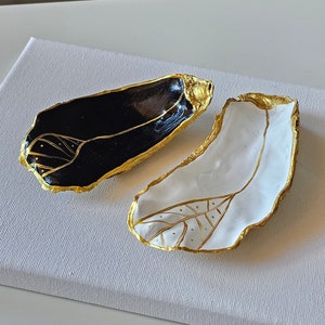 Black & White Oyster Shell Trinket Dish Set, Gold Kintsugi Ring Plate