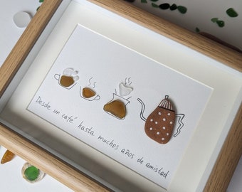 Handmade Sea Glass Art, Spanish Friendship Quote, Coffee Lover Gift