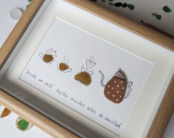 Unique Handmade Sea Glass Art, Friendship Spanish Quote Wall Decor Gift for Best Friend, Christmas Best Friend Gift, Coffee Lover Gift