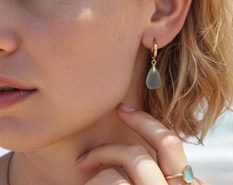 Handmade Sea Glass Hoop Earrings – Gold Plated, Coastal Jewelry