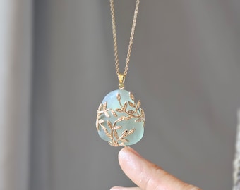 Große Sea Glass Halskette, Silber Zweig Anhänger mit Sea Glass, Muttertag Schmuck Geschenk, Meer und Ozean Liebhaber Geschenk, Nautik Schmuck