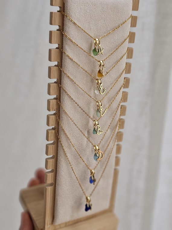 Minimalist Personalized Initial Necklace With Sea Glass, Gold