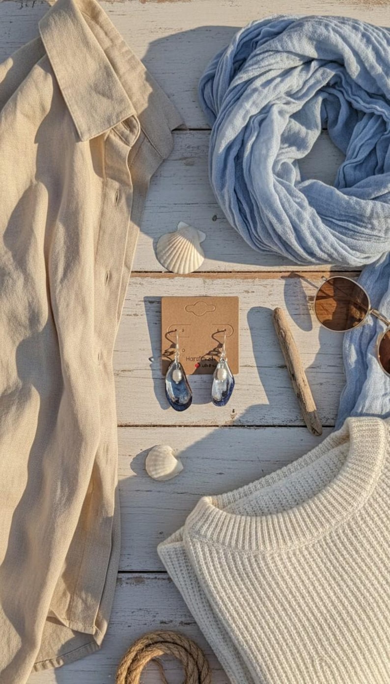 Pu&ograve; includere: Una composizione a tema spiaggia su una superficie di legno bianco. Include una camicia beige, una sciarpa azzurra, un maglione bianco, occhiali da sole e orecchini con dettagli blu. Sono presenti anche conchiglie.