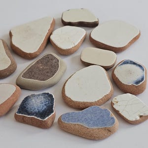May include: A selection of small, naturally shaped stones. Some have a smooth, off-white surface, while others feature a textured, blue or brown design. The stones vary in size and shape, with a rustic, earthy aesthetic. A unique collection of decorative stones.