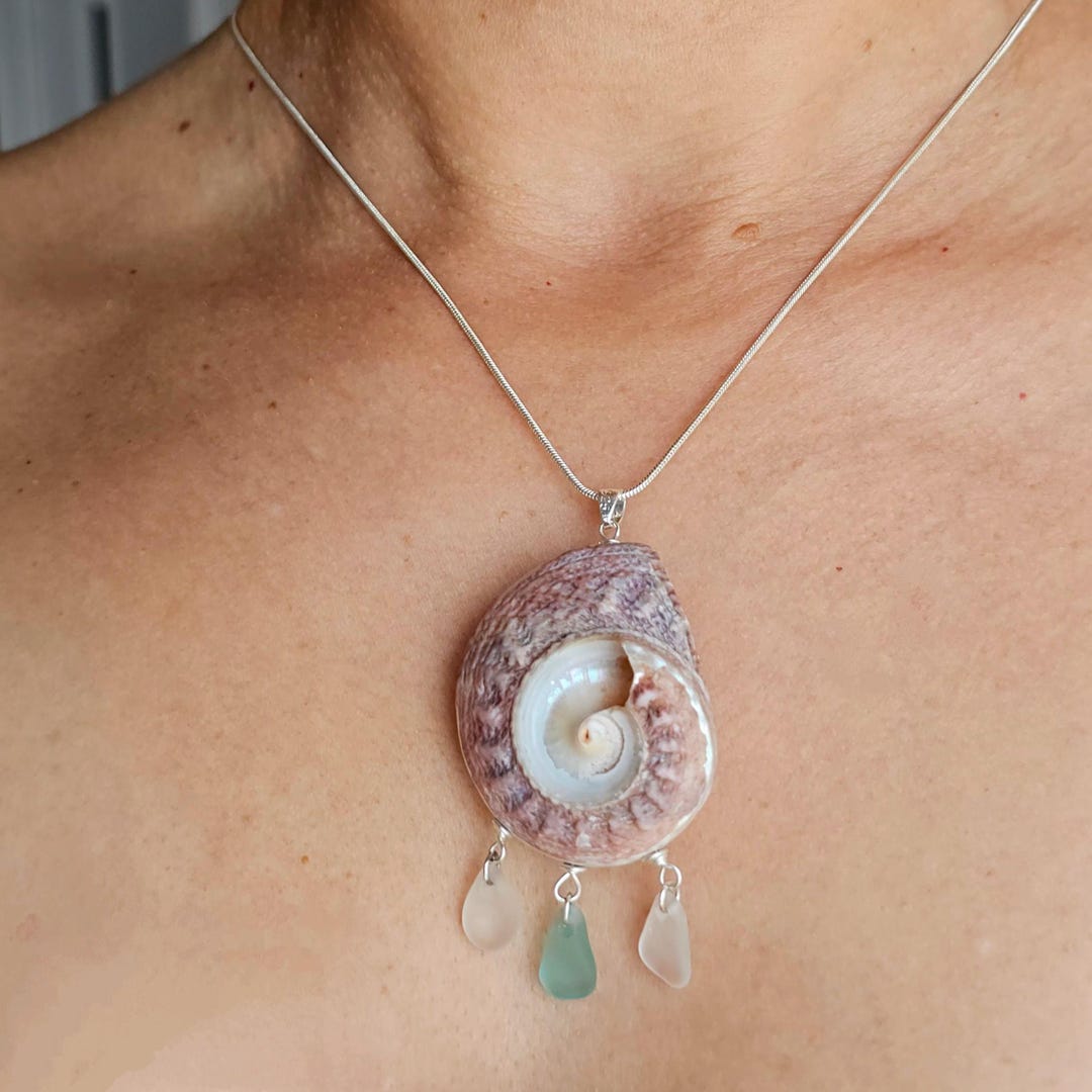 Sea Shell Pendant Necklace With Sea Glass Charms – Boho Ocean Jewelry ...
