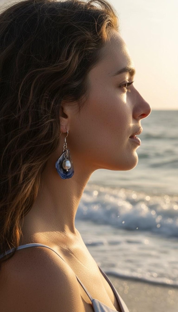 Handmade Mussel Shell Earrings, Freshwater Pearl, Sterling Silver