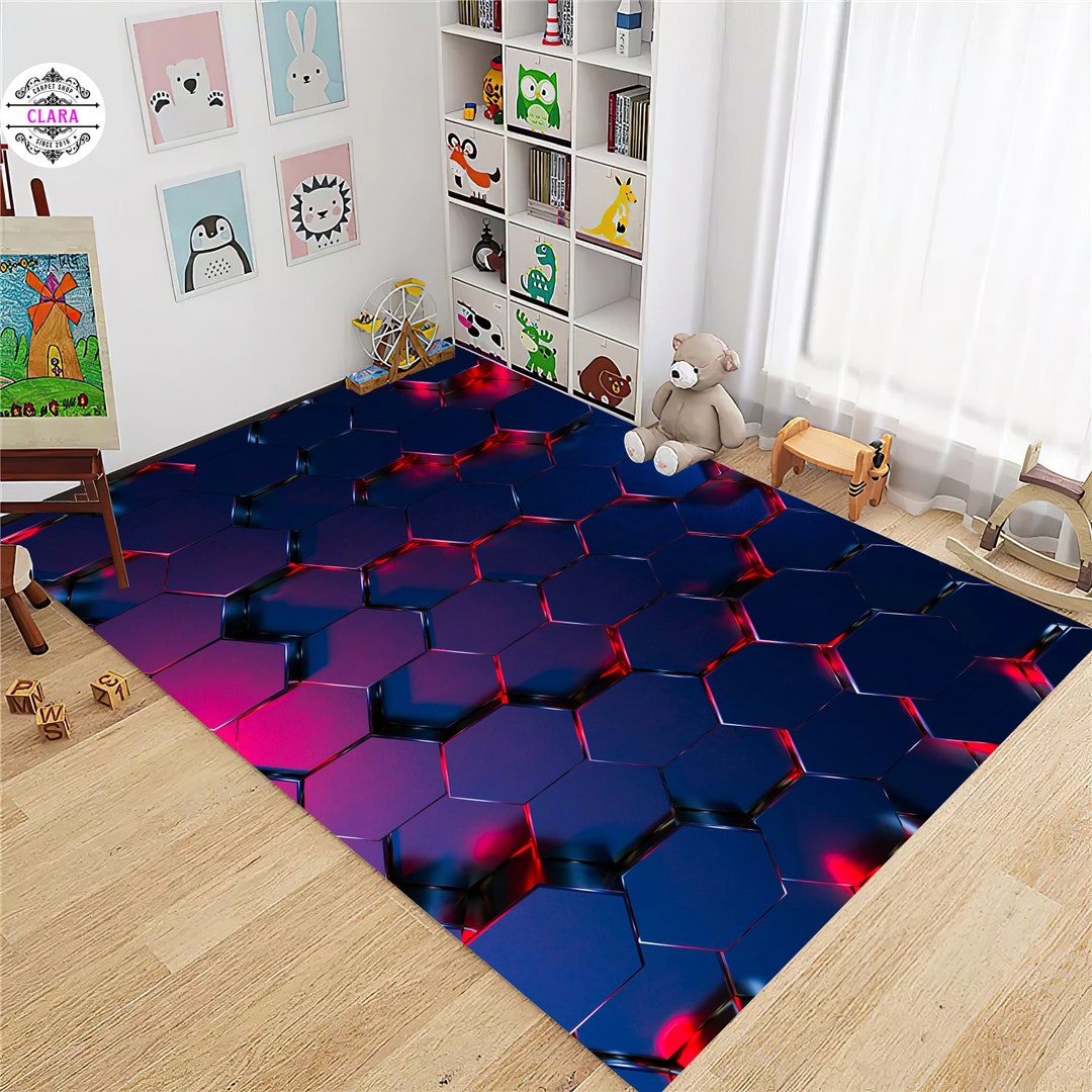 Neon Hexagonal Rug, Hexagon Pattern Rug, Lights Rug, Purple Rug, Gaming