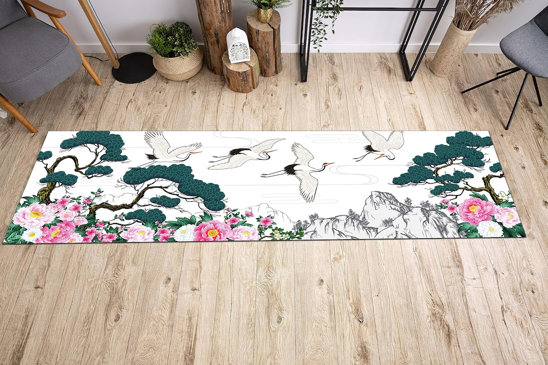 Japanese Runner Rug, Horizontal Landscape With Japanese Cranes and