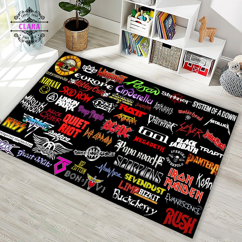 All Rockn Roll Bands Rug, Metal Music Rug, Rock Music Rug, Musician Rug