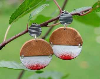 Pendientes redondos de madera y esmalte | Pendientes de naturaleza | Pendientes de madera colgantes | Pendientes de esmalte | Pendientes