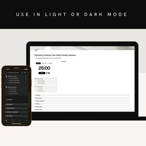 Pode incluir: Uma captura de tela de um laptop e um smartphone exibindo um aplicativo de planejador digital. O aplicativo chama-se "Combined Type ADHD Friendly Organizer" e tem um temporizador configurado para 25:00. O aplicativo tem se&ccedil;&otilde;es para "Calend&aacute;rio", "Brain Dump", "Rotinas", "Decis&otilde;es Cr&iacute;ticas" e "Fazer hoje".