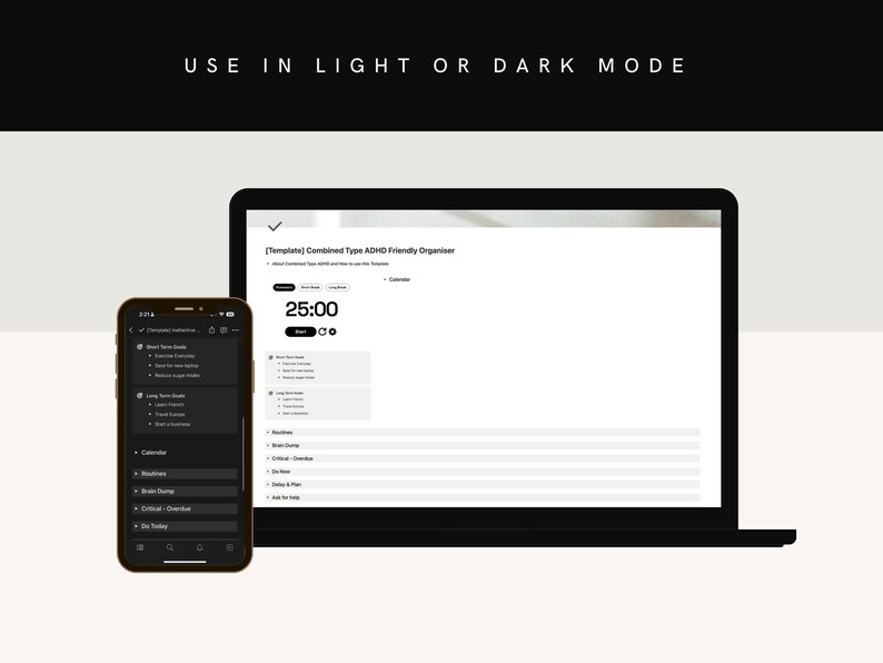 Pode incluir: Uma captura de tela de um laptop e um smartphone exibindo um aplicativo de planejador digital. O aplicativo chama-se "Combined Type ADHD Friendly Organizer" e tem um temporizador configurado para 25:00. O aplicativo tem se&ccedil;&otilde;es para "Calend&aacute;rio", "Brain Dump", "Rotinas", "Decis&otilde;es Cr&iacute;ticas" e "Fazer hoje".