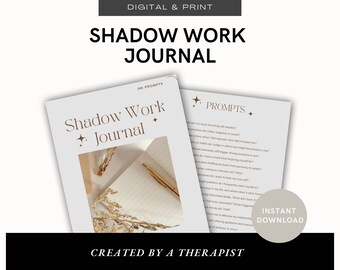 Pode incluir: Um diário digital imprimível com o título "Shadow Work Journal" e o texto "100 Prompts" na capa. O diário foi projetado para ajudar as pessoas a explorar suas sombras e inclui prompts para autorreflexão.
