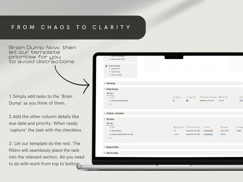 Pode incluir: Uma tela de laptop exibindo um modelo de gerenciamento de tarefas com uma lista de tarefas categorizadas como "Rotinas", "Cr&iacute;tico-Vencido", "Fazer agora", "Adiar e planejar", e "Pedir ajuda". O texto "Brain Dump Now, then let our template prioritize for you to avoid distractions" &eacute; vis&iacute;vel no lado esquerdo da tela.