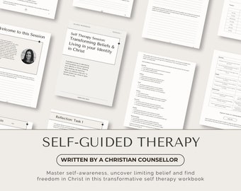 May include: A workbook titled "Self-Guided Therapy: Transforming Beliefs & Living in Your Identity in Christ." The workbook is written by a Christian counselor and helps users master self-awareness, uncover limiting beliefs, and find freedom in Christ.