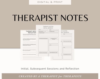 Könnte beinhalten: Eine druckbare Vorlage für Therapie-Notizen für Erst- und Folgesitzungen. Die Vorlage enthält Abschnitte für Reflexion, Klienteninformationen und Sitzungsnotizen. Der Text "THERAPIST NOTES" befindet sich oben auf der Seite.