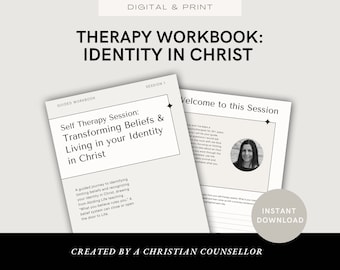 May include: Black and white digital download workbook titled "Therapy Workbook: Identity in Christ". The workbook is for a self therapy session on transforming beliefs and living in your identity in Christ. The cover features a photo of a woman and the text "Session 1: Self Therapy Session: Transforming Beliefs & Living in your Identity in Christ".