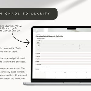 ADHD productivity planner template in Notion with brain dump capture system and executive function support layout.