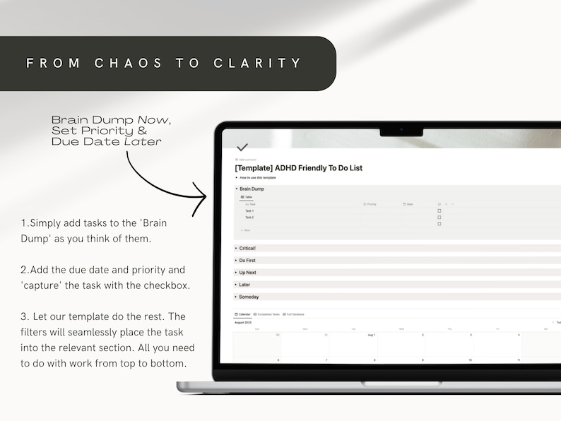 ADHD productivity planner template in Notion with brain dump capture system and executive function support layout.