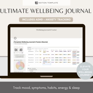 Notion Wellbeing Journal & Tracker | ADHD + Anxiety Symptoms Reporting | Mood, Emotion, Sleep, Energy Journaling Template