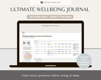 Notion Wellbeing Journal & Tracker | ADHD + Anxiety Symptoms Reporting | Mood, Emotion, Sleep, Energy Journaling Template
